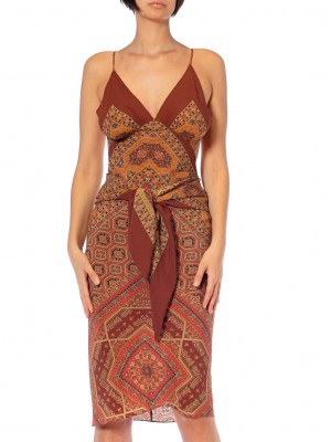 Morphew Collection Brown & Gold Multicolored Silk Geometric Scarf Dress Made From Valentino Vintage