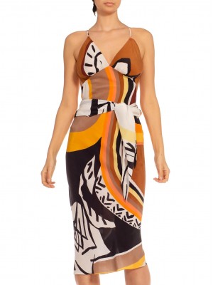 MORPHEW COLLECTION Brown & Orange Silk Twill Sagittarius Scarf Dress Made From Vintage Scarves