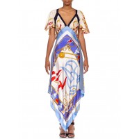 MORPHEW COLLECTION White & Blue Silk Twill Chain Status Print 3-Scarf Dress Made From Vintage Scarves