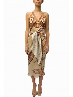 MORPHEW COLLECTION Cream & Orange Silk Twill Paisley Print Scarf Dress Made From  Vintage Scarves