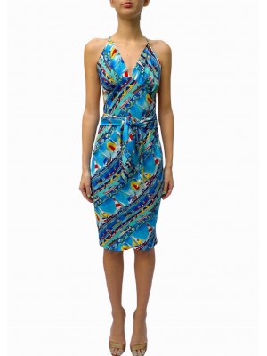 MORPHEW COLLECTION Blue Multicolored Silk Twill Conversational Scenic Print Scarf Dress Made From Nicole Miller Vintage Scarves